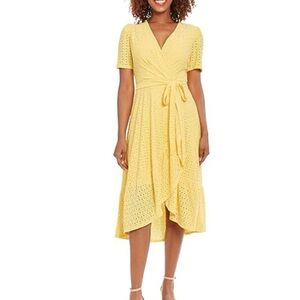 London Times Yellow Eyelet Wrap Dress